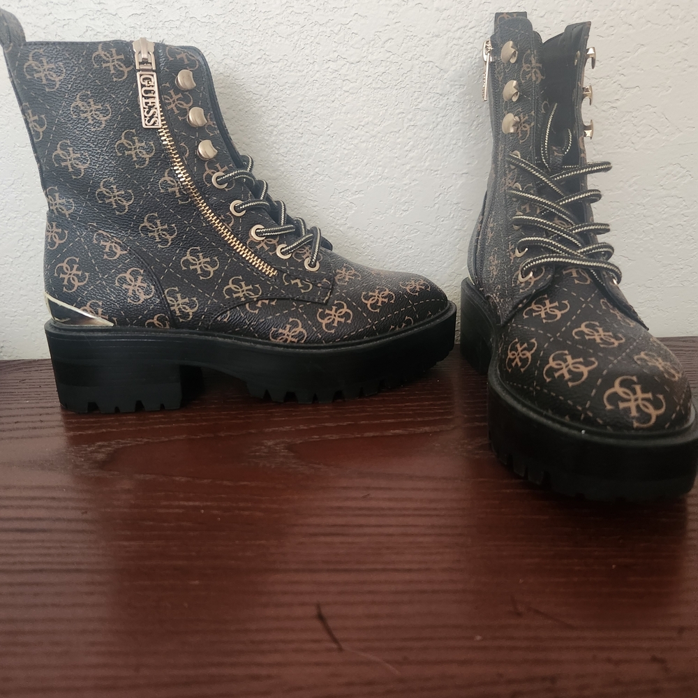 Guess Black and Brown Combat Boots with Distressed Leather